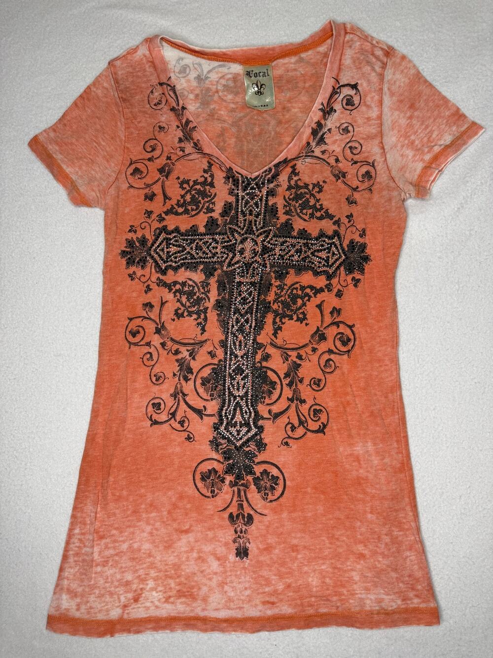 Vocal Women’s Est S Orange Rhinestone Cross V Neck Y2K Western Graphic Shirt